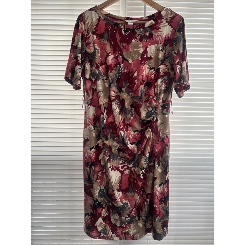 CJ Banks Floral Ruched Dress Womens Size 1X Knee Length Red/Tan Cottagecore